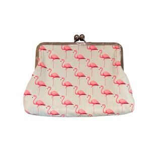 VTG Flamingo Clutch / Kisslock Purse, Pink, Pastel Blue, Silver Chain